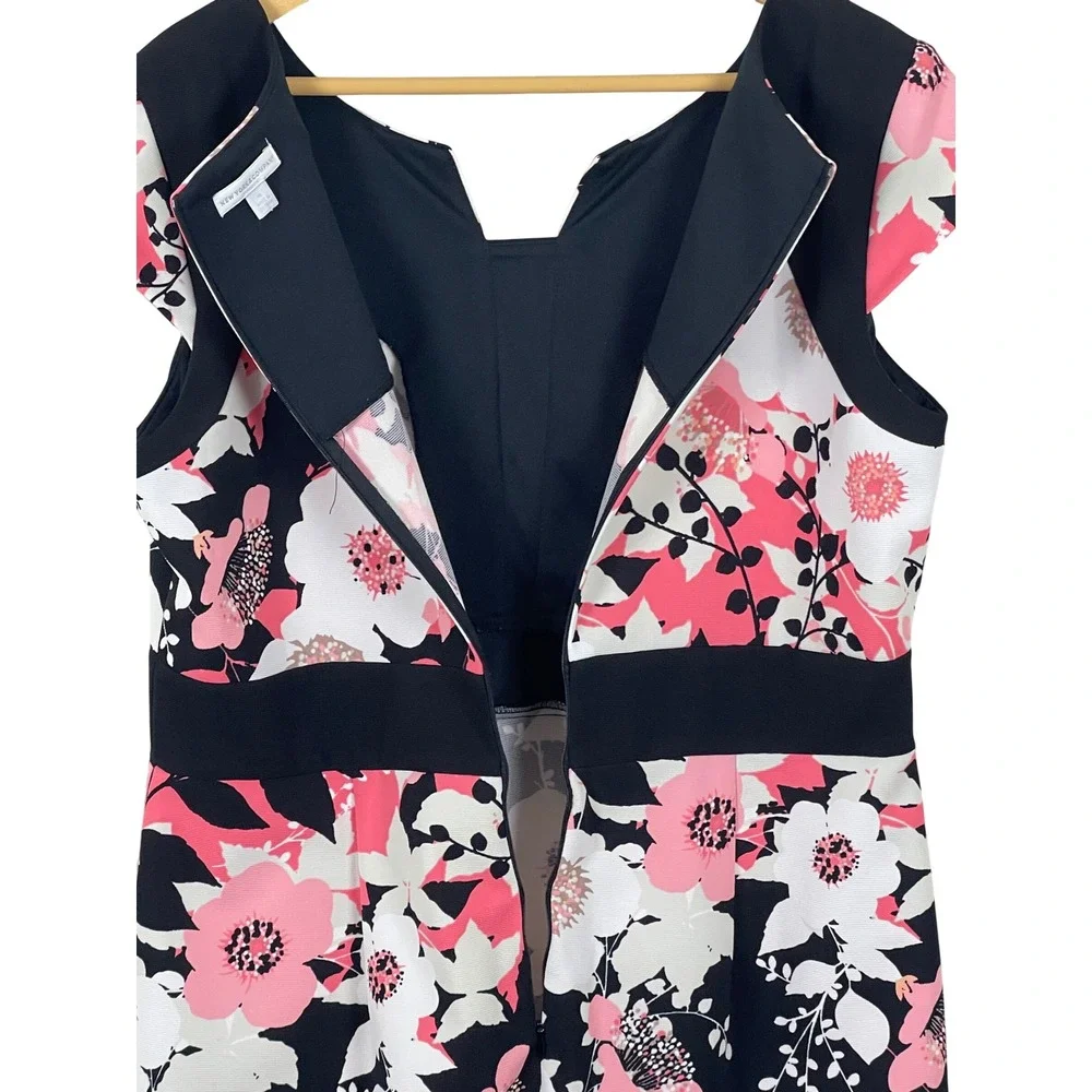 New York & Company Pink Black Women Sheath Dress 16 Floral Cap Sleeve Colorblock